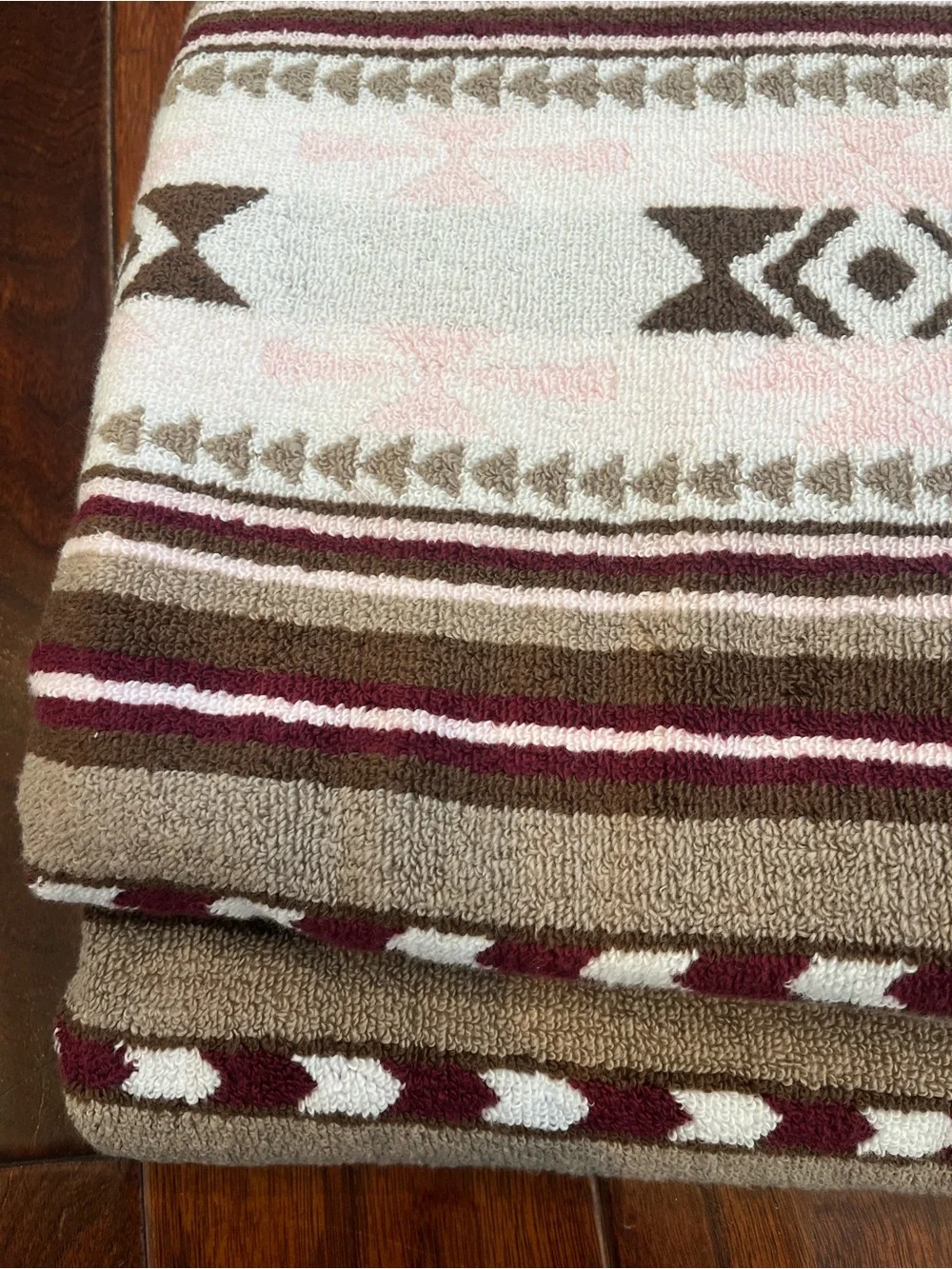 Wrangler Aztec Stripe Bath and Hand Towels in Burgundy, Brown, Pink & White